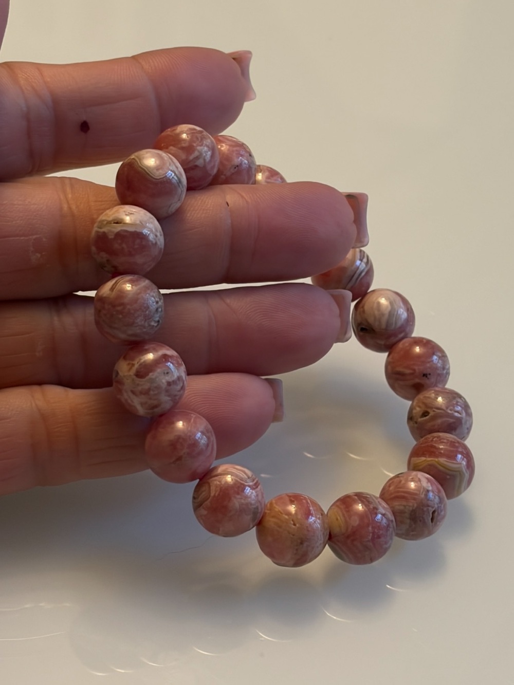 Rhodochrosite Beaded Stretch Bracelet - Pink